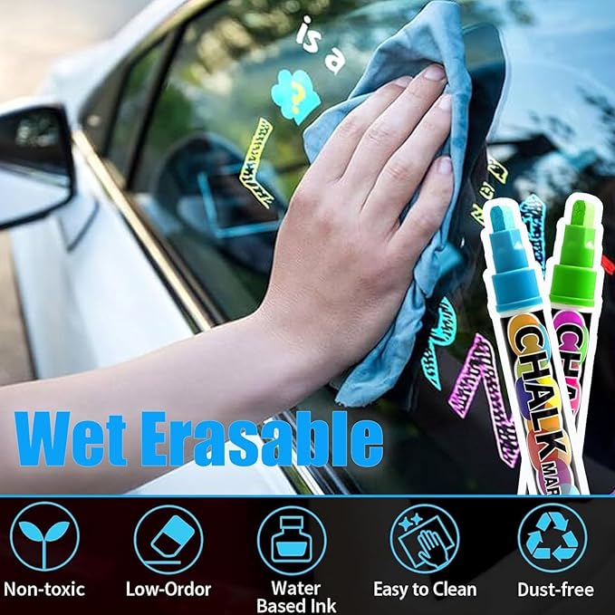 Window Chalk Markers for Cars Glass Washable, 8 Colors Jumbo Liquid Chalk Marker Pens with 15mm 3 in 1 Nib Wide Tip, Chalkboard Markers Car Window Paint Markers Pen for Auto, Mirror, Poster, Business