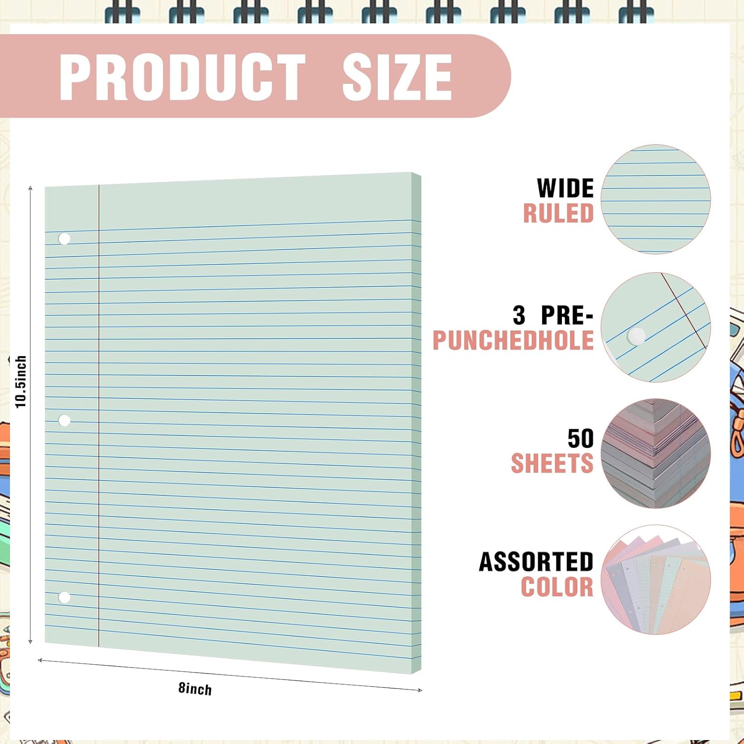 PerKoop 12 Pack 600 Sheets Colored Lined Paper Bulk Wide Ruled 8 x 10.5 Inches, Pastel Loose Leaf Notebook Paper 3 Hole Punched Filler for Back School Classroom Supplies(Fantasy Color)