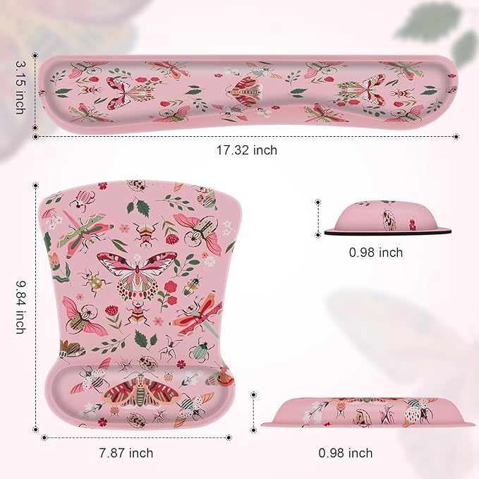 iCasso Ergonomic Mouse Pad with Wrist Rest, Keyboard Wrist Rest Mouse Wrist Rest, Made of Memory Foam, Easy Typing and Relieve Wrist Pain, Perfect for Computer Keyboard Office(Pink Butterfly)
