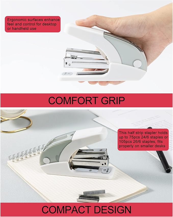PAPERPAL Effortless Standard Stapler Set, 20 Sheet Capacity, Half Strip, Built-in Staples Storage, Holds 1/4" Staples, Includes 1000 Staples and A Staple Remover, Office, School & Personal Use, White
