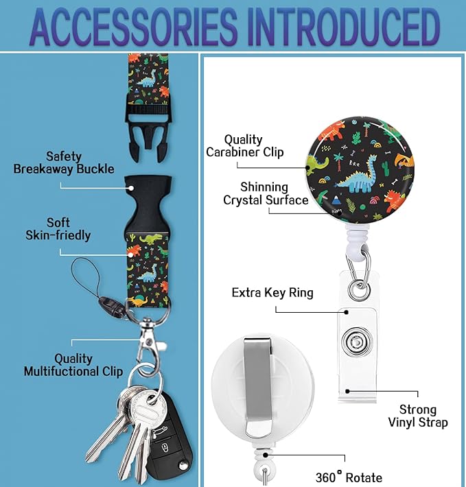 ID Badge Holder with Retractable Lanyard and Keychain, Badge Reel with Rotate Carabiner Clip,Cute Dinosaur Card Name Tag Lanyard ID Protector Bage Clips for Student, Women, Office
