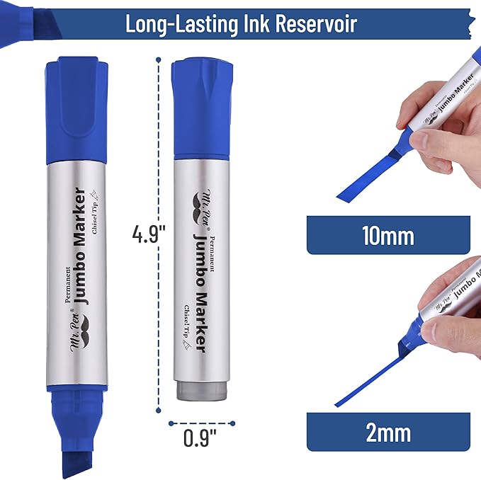 Mr. Pen- Jumbo Permanent Markers, 4 Pack, Blue, Chisel Tip, Large Permanent Markers, Color Permanent Markers Set, Jumbo Markers, Permanent Markers, Huge Poster Markers Jumbo, Thick Markers