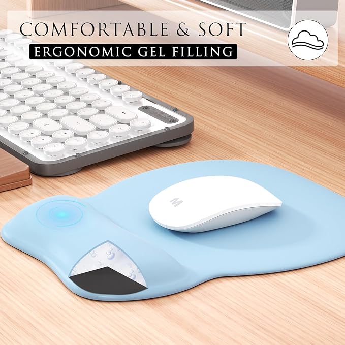 MROCO Ergonomic Mouse Pad with Gel Wrist Rest, Comfortable Mousepad with Smooth Wrist Support Surface and Non-Slip PU Base for Pain Relief, Computer, Laptop, Office & Home, 9.4 x 8.1 in, Sky Blue