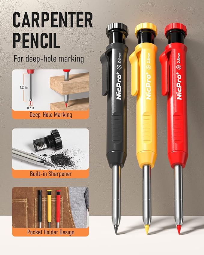 Nicpro 10 Pack Carpenter Pencils Mechanical, Construction Pencils with 21 Refill, Automatic Center Punch and Carbide Scribe Tool, Mechanical Pencil for Woodworking, Best Carpenters Marking Tool