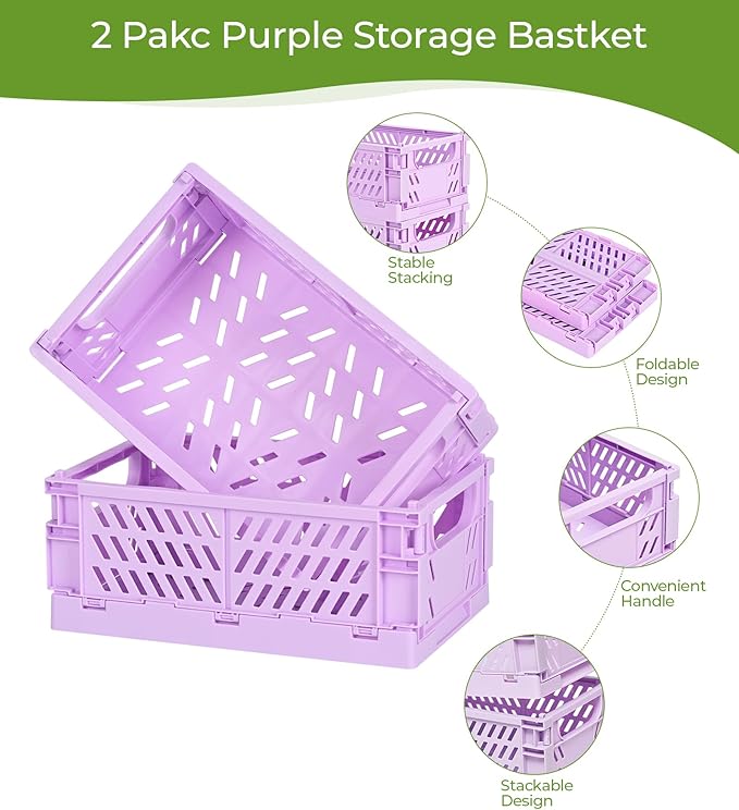 4-Pack Small Pastel Plastic Storage Baskets, Collapsible Crates for Organizing, Space-Saving Mini Bins for Classroom, Kitchen, Office, Bedroom (Purple, 9.8" x 6.5" x 3.8")