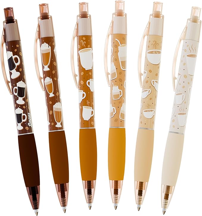 Coffee Smens - Gourmet Coffee-Scented Gel Pens, Black Ink, Medium Point, 6Pack Variety Set