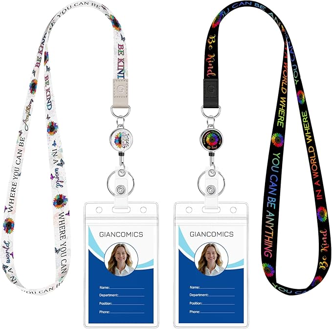 Giancomics Be Kind Lanyards for Id Badges, Cute Floral ID Badge Holder with Retractable Reel, Waterproof Lanyards for Cruise Ships Cards Key Work Name Tag Zip Card Holder Protector 2 Pack