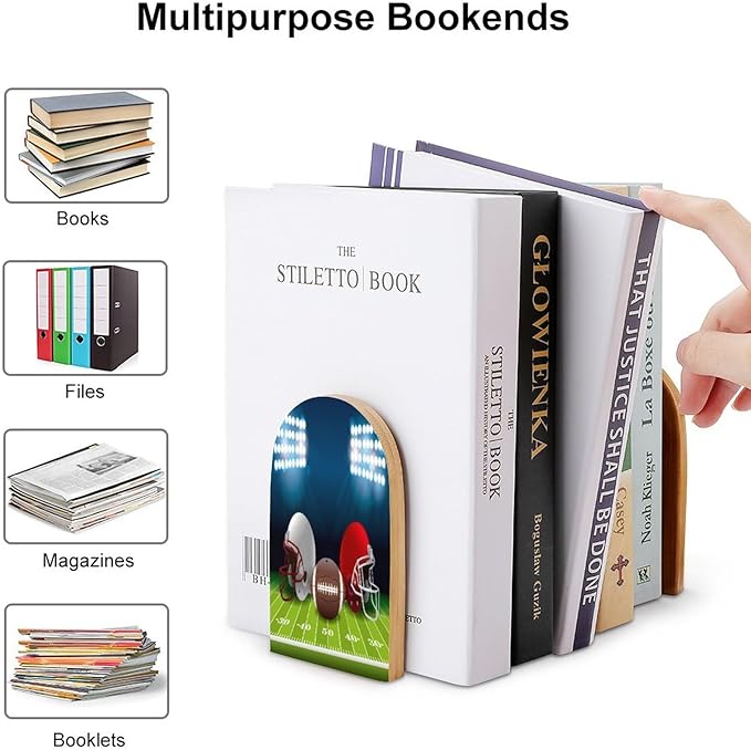 2 Pack Wood Bookends, Sport Ball Football Helmet Non-Skid Book Ends for Heave Books, Decorative Bookends for Shelves Desk, Book Stoppers Book Holders for Home Office Library School