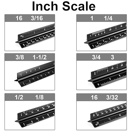 Architectural Scale Ruler, 12 Inch Aluminium Architect Scale Ruler, Imperial Metal Engineers Triangular Ruler for Architects, Students and Draftsmen, Laser Etched Markings