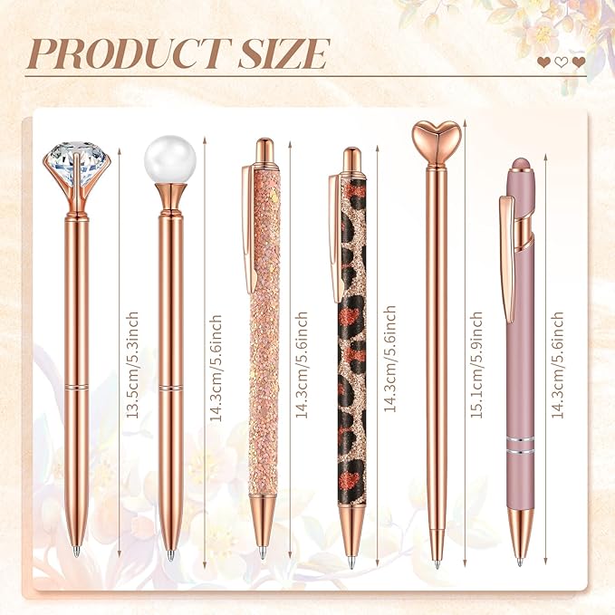6 Pcs Ballpoint Pens Set Metal Crystal Diamond Pen for Journaling Glitter Pretty Cute Stationery Black Ink Fancy Gifts for Women Girls Teacher Office Wedding School Supplies(Rose Gold Series)