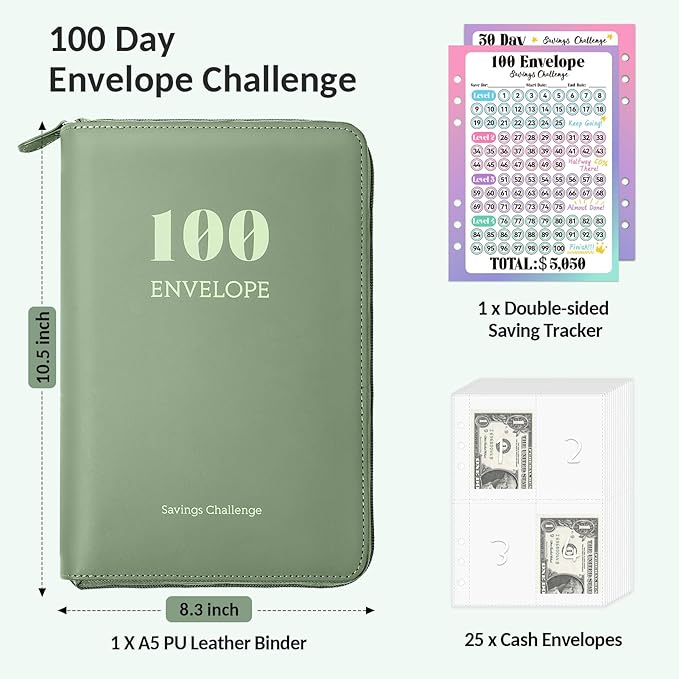 Sooez Savings Challenges Book with Extra Pocket Storage, Zipper Closure 100 Envelopes Money Saving Challenge, PU Saving Binder with Cash Envelope & Laminated Tracker for Cash Bill, 8.3”x 10.5”, Pink