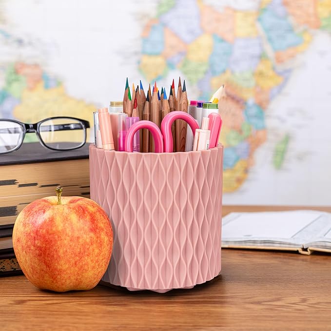Pencil Holder For Desk - 360° Rotation, 5 Slot Desk Supplies For Women Office Aesthetic. Pencil Holder For Office&School, Desk Accessories(Pink)