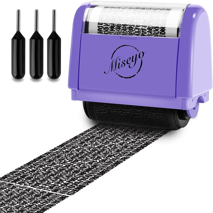 Miseyo Wide Identity Theft Protection Roller Stamp Set - Purple (3 Refill Ink Included)