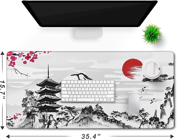 Japanese Landscape Large Mouse Pad, Large Extended Mouse Pad for Home Office Gaming Work 35.4x15.7 inch, Big Computer Mousepad Waterproof Non-Slip Rubber Mice Pads Stitched Edges