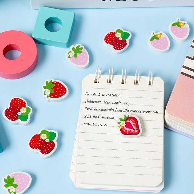 CJiangpo 60Pcs Strawberry Mini Eraser for Kids Bulk - Cute Fruit Pencil Rubber Eraser Birthday Party Favors Filler Back to School Classroom Prizes Gifts