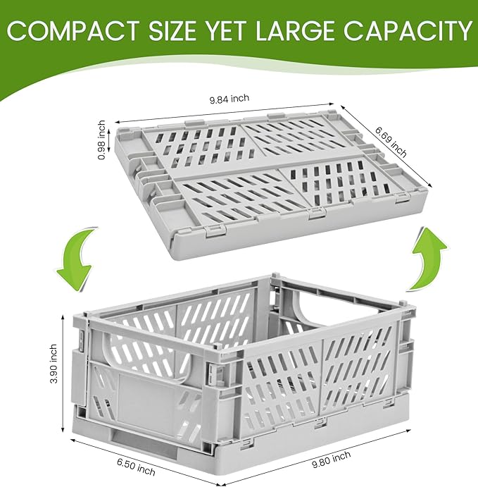 2-Pack Small Pastel Plastic Storage Baskets, Collapsible Crates for Organizing, Space-Saving Mini Bins for Classroom, Kitchen, Office, Bedroom (Grey, 9.8" x 6.5" x 3.8")