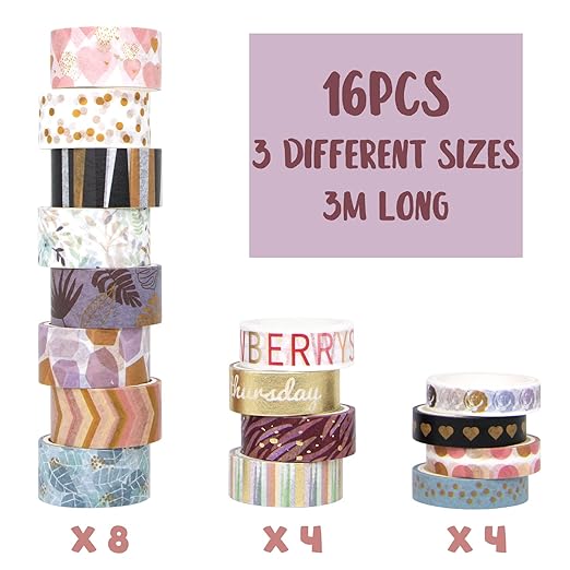WAPETASHI 16 Rolls Washi Tape Set - Aesthetic Adhesive Tape with Gift Box, Gold Foil Decorativ Tape for Schcool Supplies, Bullet Journals, Scrapbooking, DIY Craftst -20/15/10mm Wide