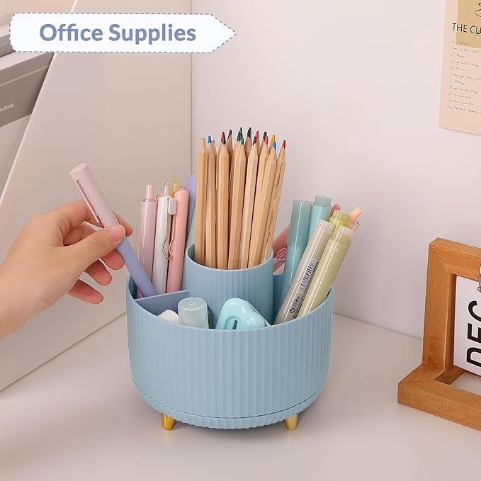 SKYDUE 360 Degree Rotating Desk Organizer, Dual-Purpose Pencil Pen Holder with 5 Slots, Pencil Cup for Office, School, Home (Airy Blue)