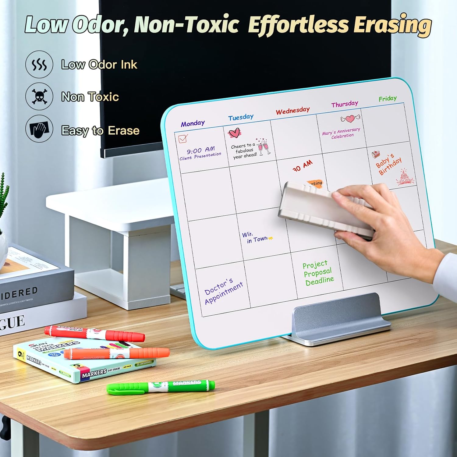 SUIN 9 Colors Dry Erase Markers - Low Odor, Non-Toxic, Slim Whiteboard markers, Medium Fine Tip Whiteboard Pens for Kids, Office, Classroom & Home, 9 Count