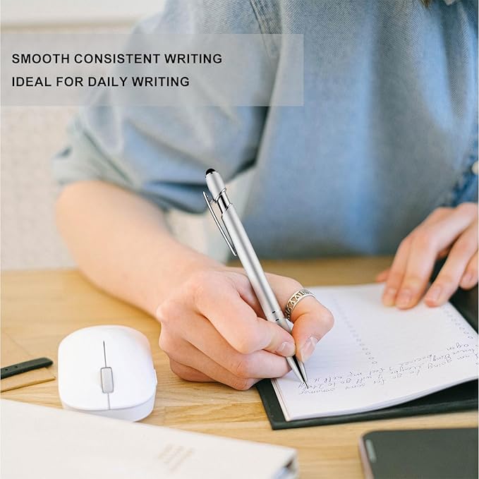 LINFANC 12 Pack Silver Ballpoint Pen with Stylus Tip, 1.0 mm Black Ink Smooth Writing Pens, Metal Stylus Pens for Touch Screens