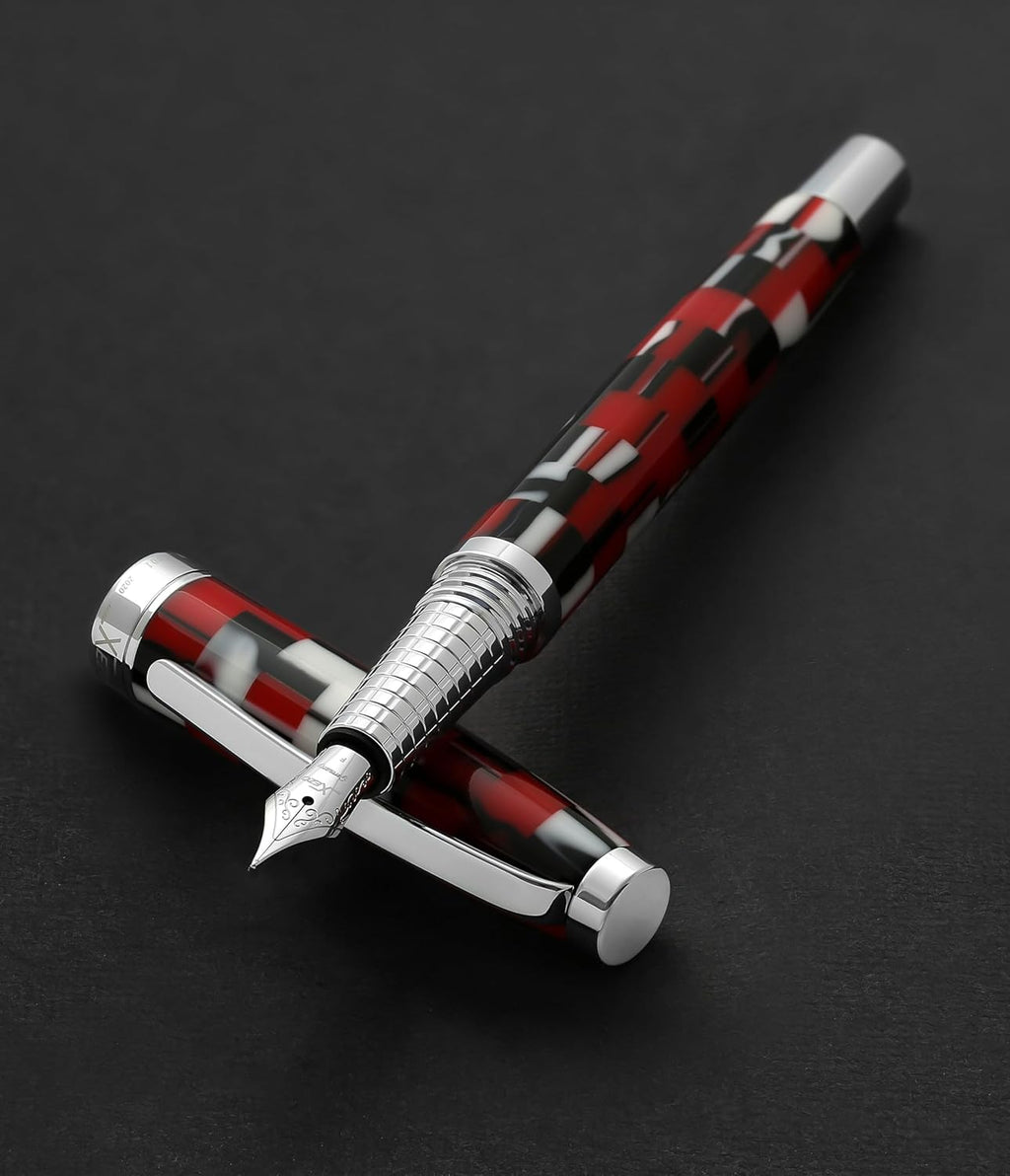 Xezo Urbanite II Fountain Pen, Fine Nib. Sporty Red, Black, and White Checkered Acrylic on Brass. Chrome Plated. Handcrafted, Limited Edition, Serialized