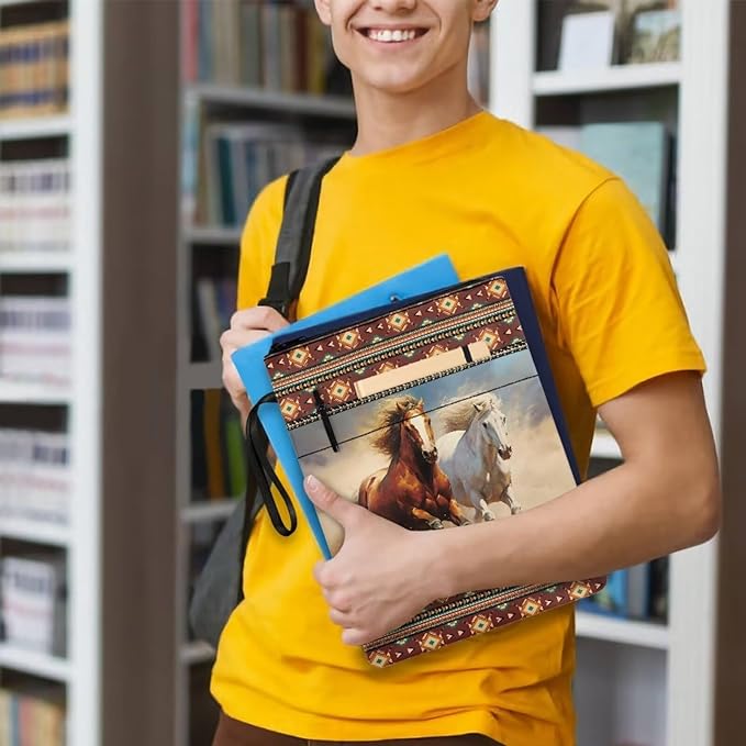 COEQINE Aztec Horse Book Covers Kids Hardcover Book Cover with Pockets Western Animal Book Sleeves with Pocket Book Organizer Pouch with Chain Portable