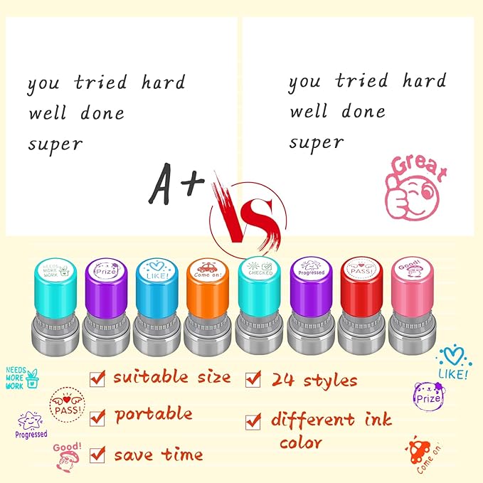 Yinder 24 Pcs Teacher Stamps for Classroom Self Inking Classroom Stamps Bulk for Teachers Elementary Colorful Motivational Encouraging Gifts(Cute)