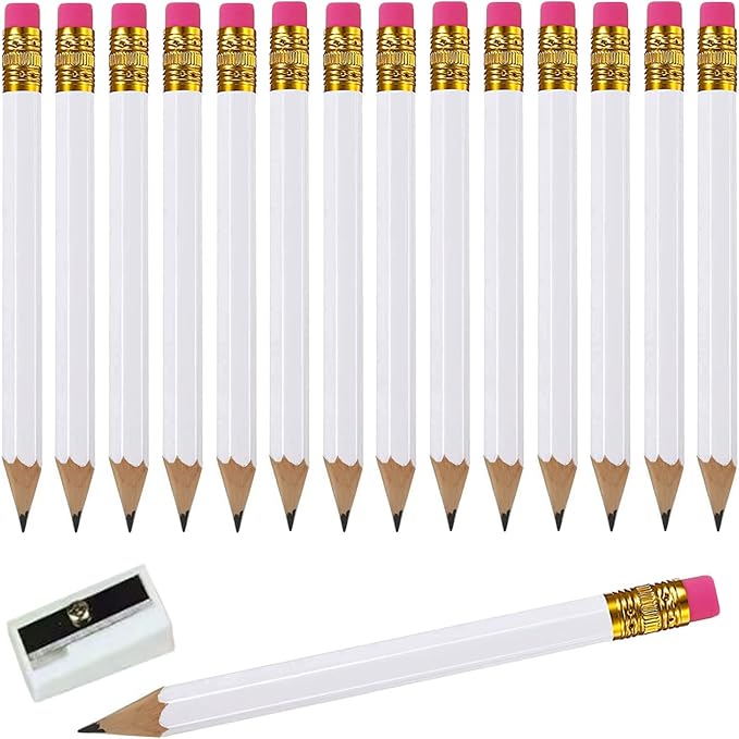 Adhere 25pcs Golf Pencils with eraser Hexagon Wooden Pencils Graphite 2B for Golf Event Scoring,Classroom,Wedding,Company Meetings,Pew, Pocket (white)