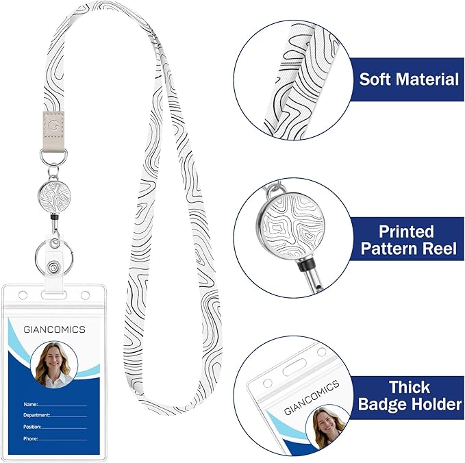 Giancomics Lanyards for Id Badges, Topographic ID Badge Holder with Retractable Reel, Cute Waterproof Lanyards for Cruise Ships Cards Key Work Name Tag Zip Type Card Holder Protector 2 Pack