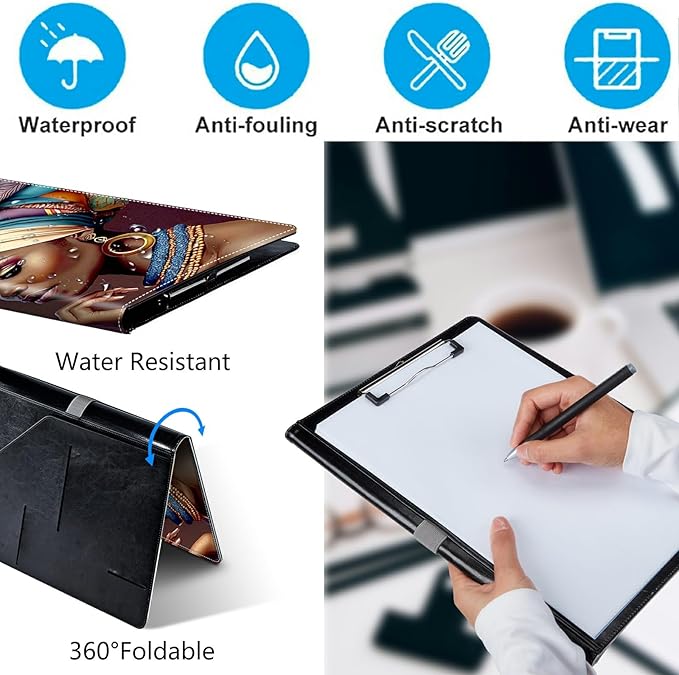 African Women PU Leather Padfolio Clipboard Notepad with Pen Loop and Elastic Strap Interview/Resume Document Organizer for Business School Office