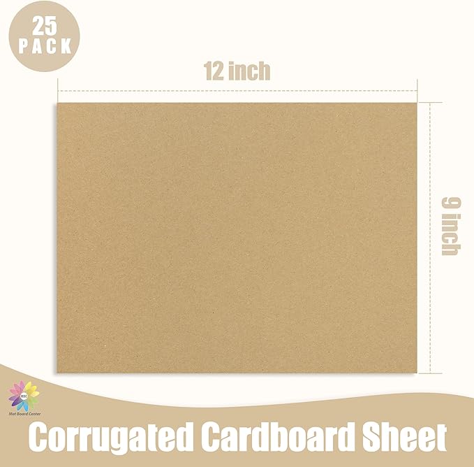 Mat Board Center, 25 pack 9x12 Brown Cardboard sheet, 1/8 inch thick, Flat Corrugated Cardboard Inserts for Packing, Shipping, Mailing, Cardboard Backing, Art Craft Card Board