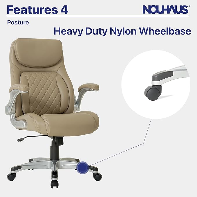 Nouhaus +Posture Ergonomic PU Leather Office Chair. Click5 Lumbar Support with FlipAdjust Armrests. Modern Executive Chair and Computer Desk Chair (Taupe)