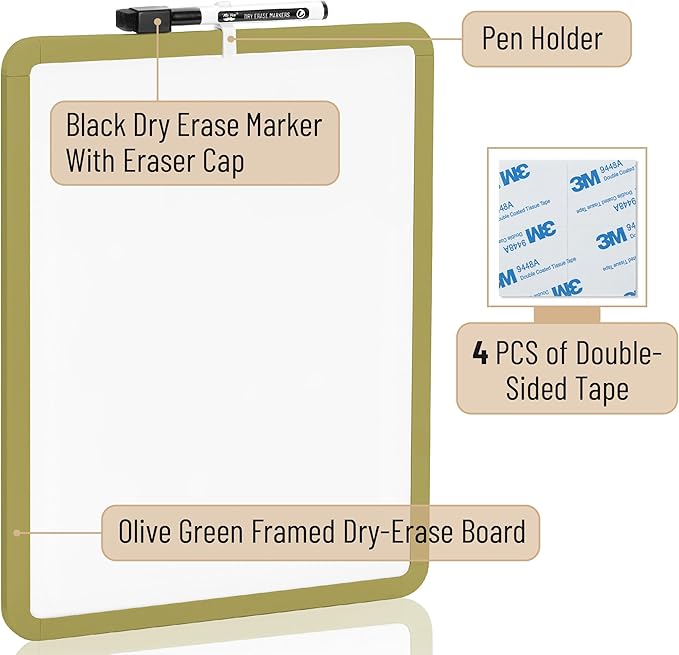 Mr. Pen- Dry Erase Board, 14” x 11” with a Black Dry Erase Marker, Olive Green Frame, Small White Board, White Board for Kids, White Board for Students, Small Dry Erase Board, Mini White Board
