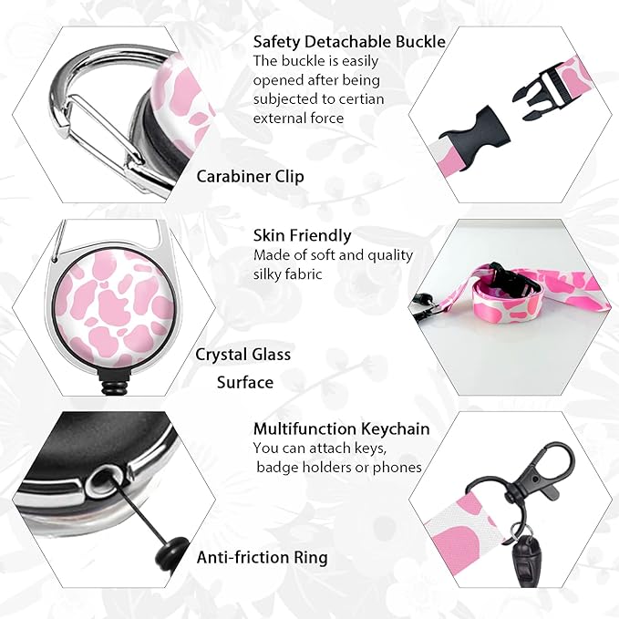Cute Cow Badge Reel Retractable Heavy Duty with 360 Degrees Rotate Carabiner Clip, ID Badge Holder with Detachable Lanyard, ID Holder ID Clip Name Badge Keychain, Nurse Teacher Offfice Gifts