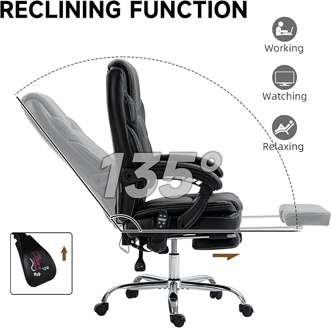 Vinsetto PU Leather Vibration Massage Office Chair with 6 Points, Heated Reclining Computer Chair with Adjustable Height, Footrest - Black