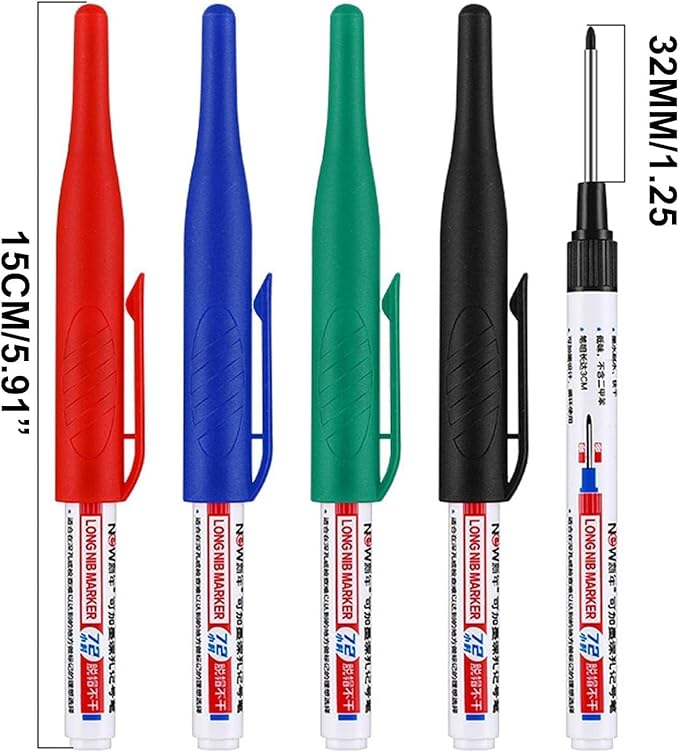 4 Pcs Multi Purpose Deep Hole Marker Pens,Long Nib Head Marker Waterproof Colorful Carpenter Pen for Bathroom Woodworking Decoration,Red Black Blue Green Ink Permanent Markers Marker Pens (Blue)