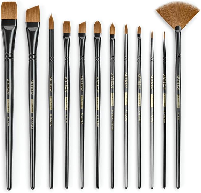 ARTEZA Paint Brushes, Set of 12, Premium Synthetic Brushes with Brass Ferrules & Wooden Handles