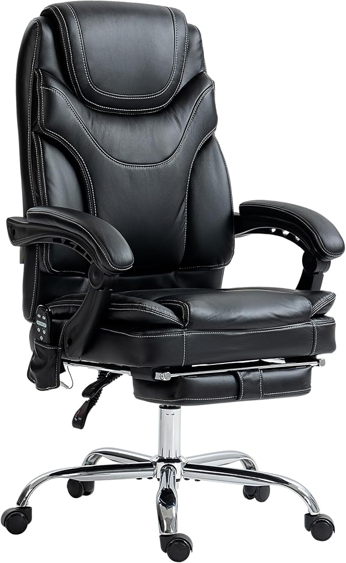 Vinsetto PU Leather Vibration Massage Office Chair with 6 Points, Heated Reclining Computer Chair with Adjustable Height, Footrest - Black