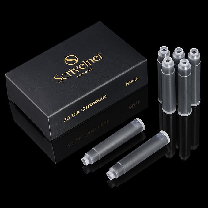 Scriveiner Fountain Pen Ink Cartridges - Black - 20 Standard International, Made in UK, The Best Cartridge for Your Scriveiner Pen, Refill Size Fits A Wide Range of Fountain Pens
