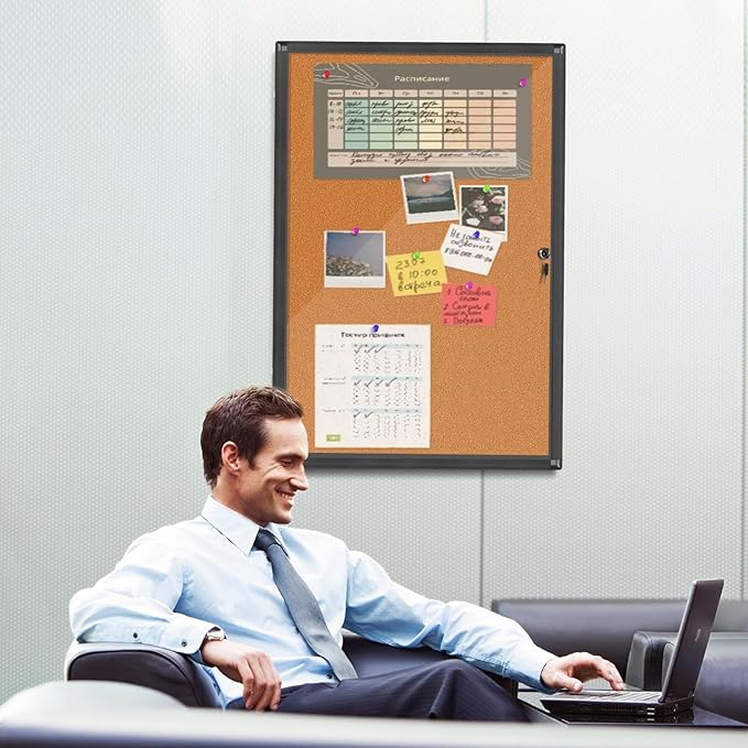 Outdoor Enclosed Bulletin Board, Weatherproof Cork Noticeboard with Clear Acrylic Locking Door, Wall-Mounted Black Aluminum Framed Display Case,36x24in (5xA4)