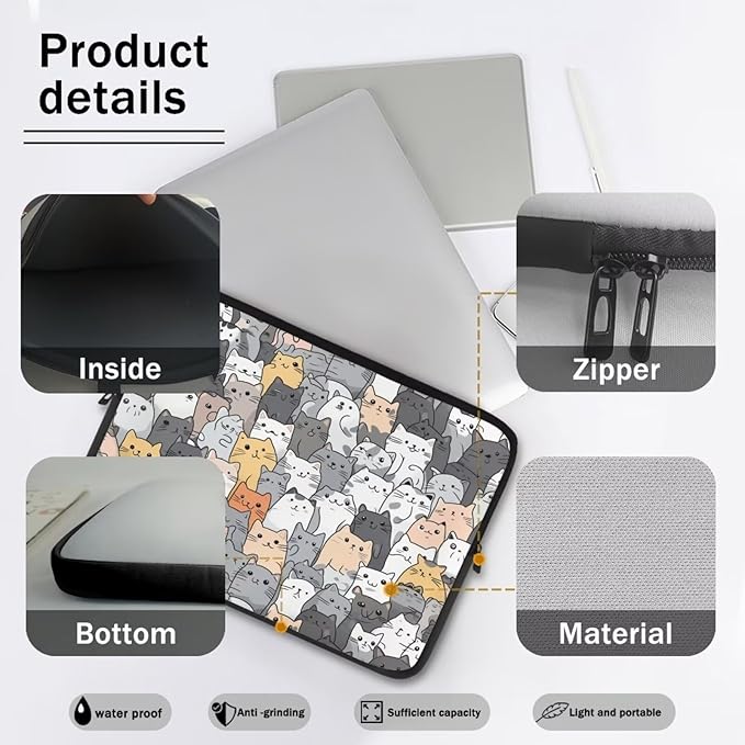 Cartoon Cat Print Laptop Briefcases for Men Women, Cute Laptop Sleeve Case Water Resistant Neoprene Computer Carrying Cover 17 Inch Laptop Carrying Bag