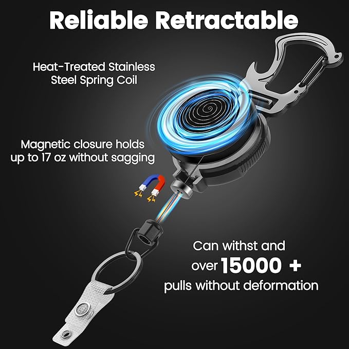 1 Pack Retractable Keychain Heavy Duty Carabiner Badge Holder with Magnetic Closure, Tactical ID Badge Reel for Men with 32” Steel Retractable Cord, Bearing 17 OZ