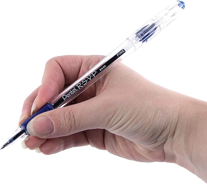 Pentel® R.S.V.P.® Ballpoint Pens, Fine Point, 0.7 mm, Clear Barrel, Blue Ink, Pack of12