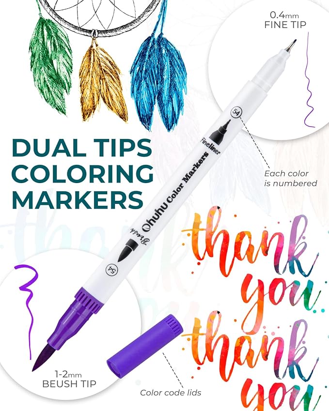 Ohuhu Markers for Adult Coloring Books: 36 Colors Coloring Markers Dual Tips Fine & Brush Drawing Pens Water-Based Art Markers for Kids Adults Drawing Sketching Bullet Journal - Maui - White
