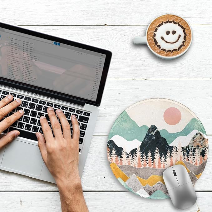 Gctriki Mountain Sunset Round Mouse Pad 8.6 x 8.6 Inch, Funny Small Mousepad for Desk Laptop Gaming, Stitched Edge Non-Slip Rubber Base, Cute Abstract Home Office Decor Desk Accessories Supplies