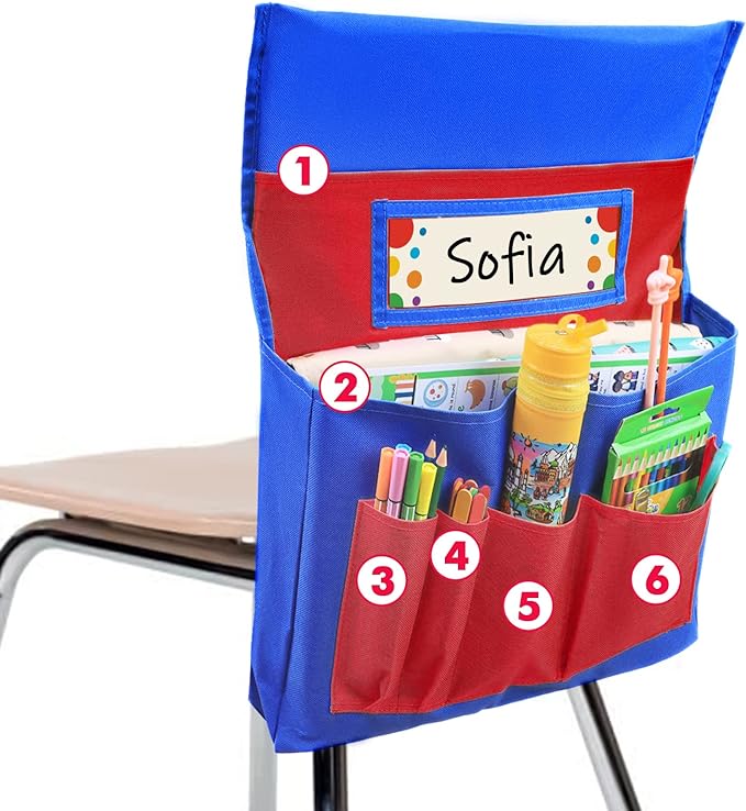 School Seat Chair with Storage Pocket Organizer, Label Slot, Multiple Pockets for School, Home, Classroom, Preschool, Daycare (Red+Blue)
