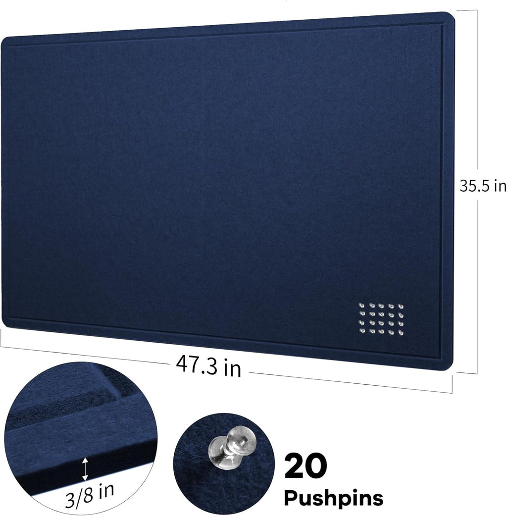 Large Bulletin Board - 48 x 36 Inches, Decorative Felt Pin Board for Wall - 4' x 3' Foldable Photo Display Board with Self-Adhesive Tape, Includes 20 Push Pins - Dark Blue