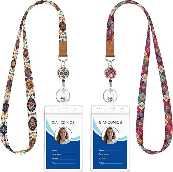 Giancomics Boho Lanyards for Id Badges, ID Badge Holder with Retractable Reel, Waterproof Lanyards for Cruise Ships Cards Key Cute Office Work Name Tag Zip Type Card Holder Protector 2 Pack