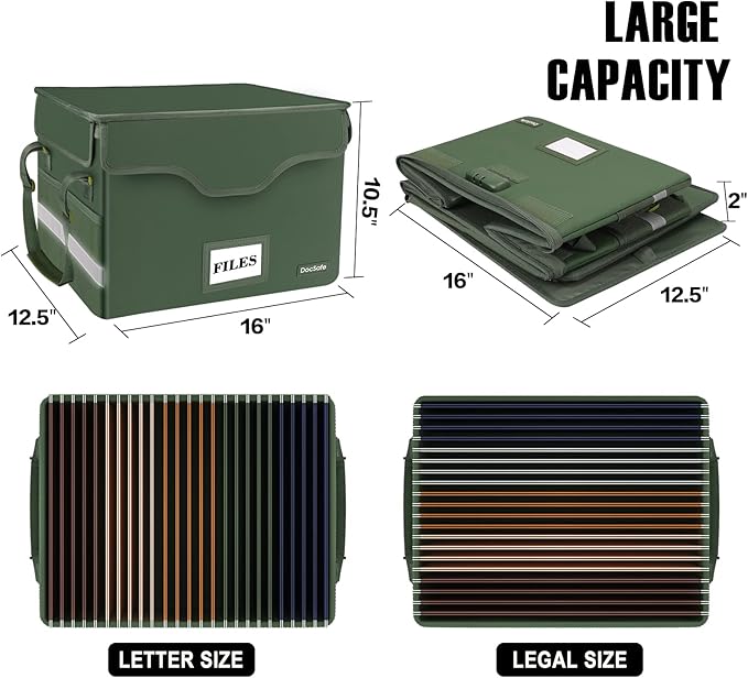 DocSafe File Box Fireproof Document Box with Lock,File Storage Organizer Box with Mesh Inserts＆Zipper Lid,Collapsible Portable File Box Home Office File Cabinet with Handle for Hanging Folders,Green