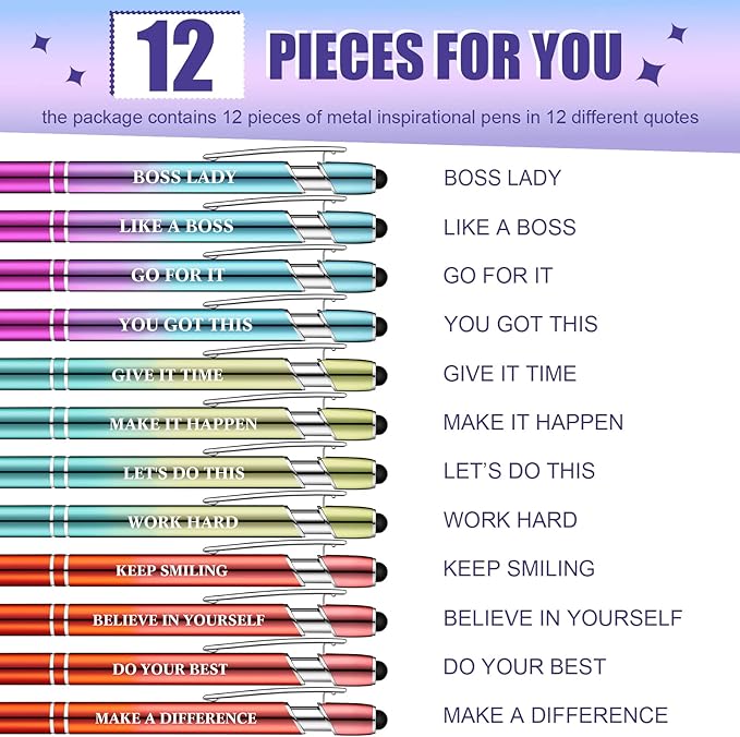 Zonon 12 Pieces Inspirational Pens Bulk Easter Basket Stuffers Motivational Quotes Ballpoint Pens with Stylus Tip Inspirational Gifts for School Office Teachers(Plating Color,Motivational Style)
